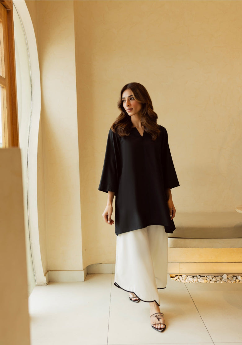 Women's Black & White 100% Natural Viscose Cotton Scallop Detailing Pant Kurta Set