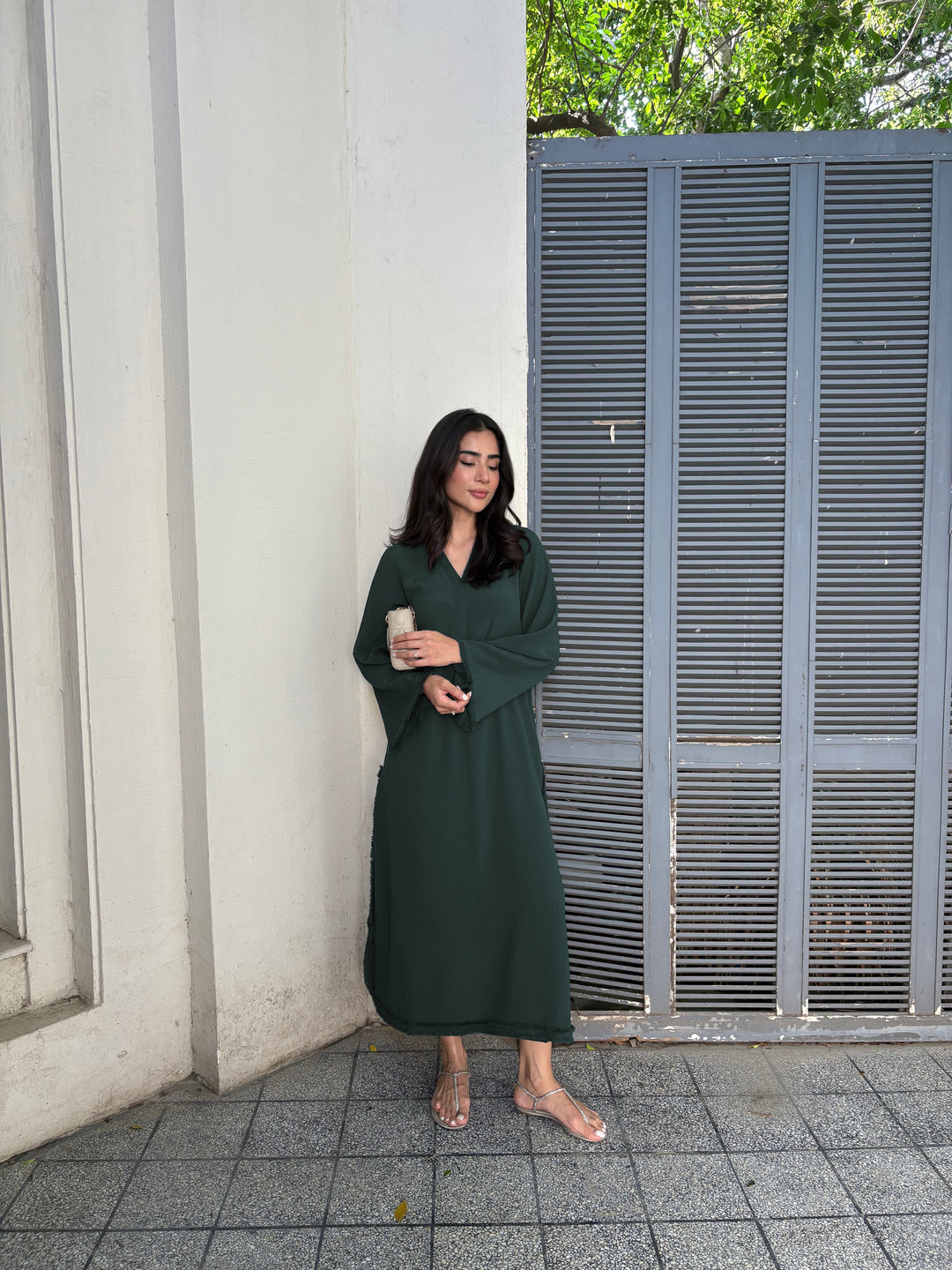 Women's Dark Green Wrinkle Free Premium Crush Crepe Fringe Detailing Co-Ord Set