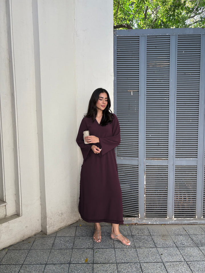 Women's Burgundy Wrinkle Free Premium Crush Crepe Fringe Detailing Co-Ord Set