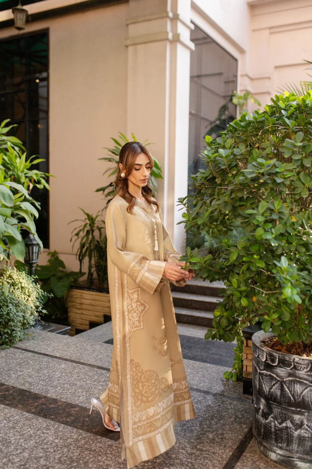 Women's Light Brown Soft Cotton Satin Blend Floral Print Kaftan