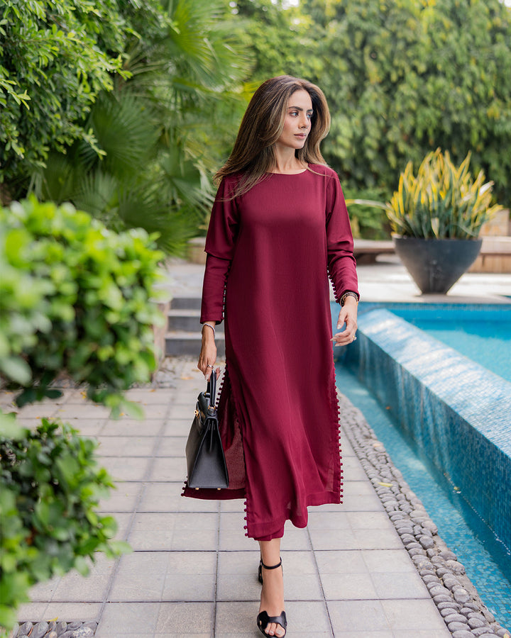 Women's Maroon Berry Crepe (Wrinkle Resistant) Plain Kurta Set