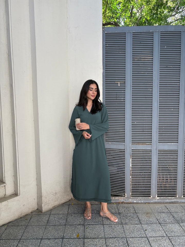 Women's Teal Wrinkle Free Premium Crush Crepe Fringe Detailing Co-Ord Set