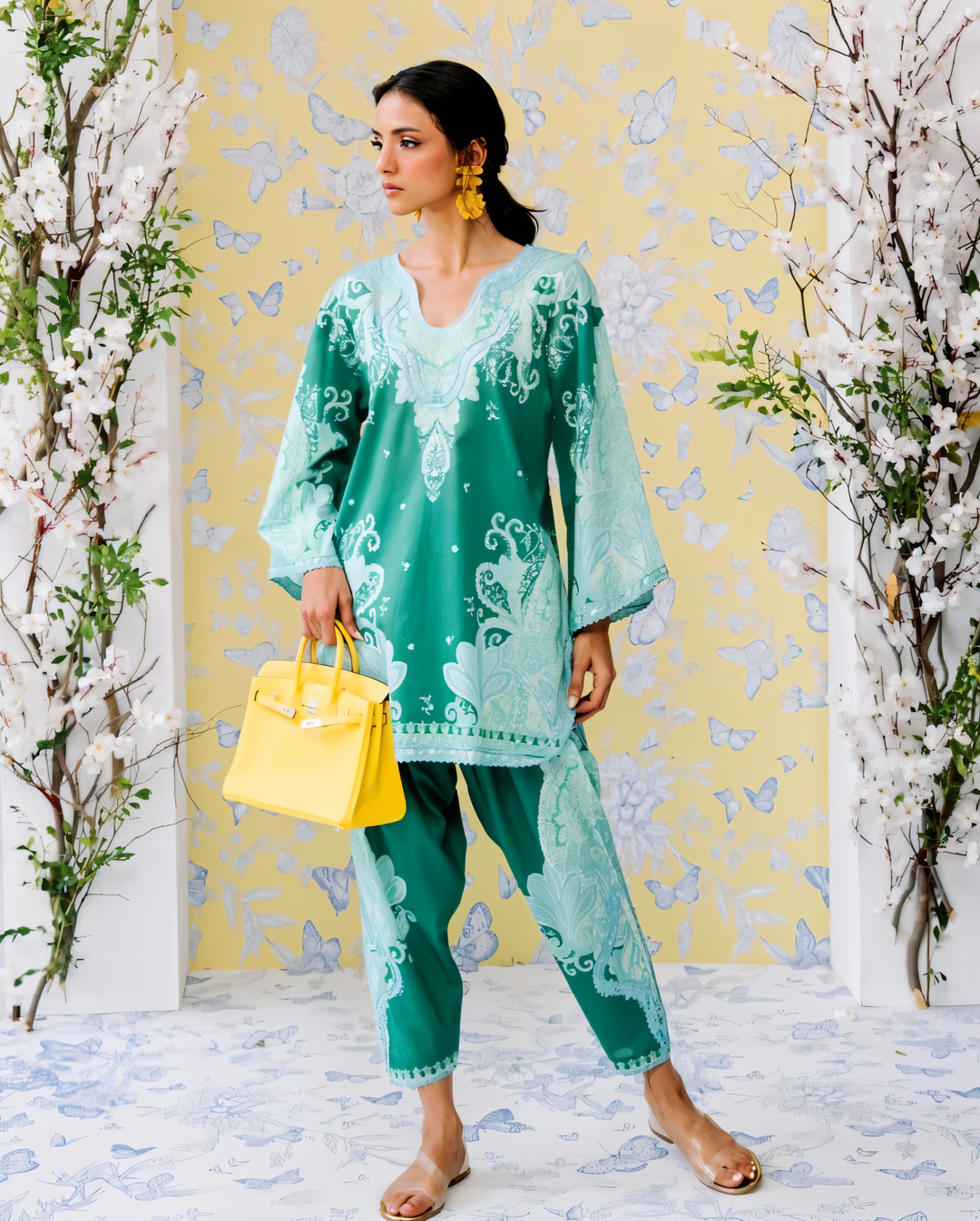 Women's Sea Green Crepe Lace Work Co-Ord Set