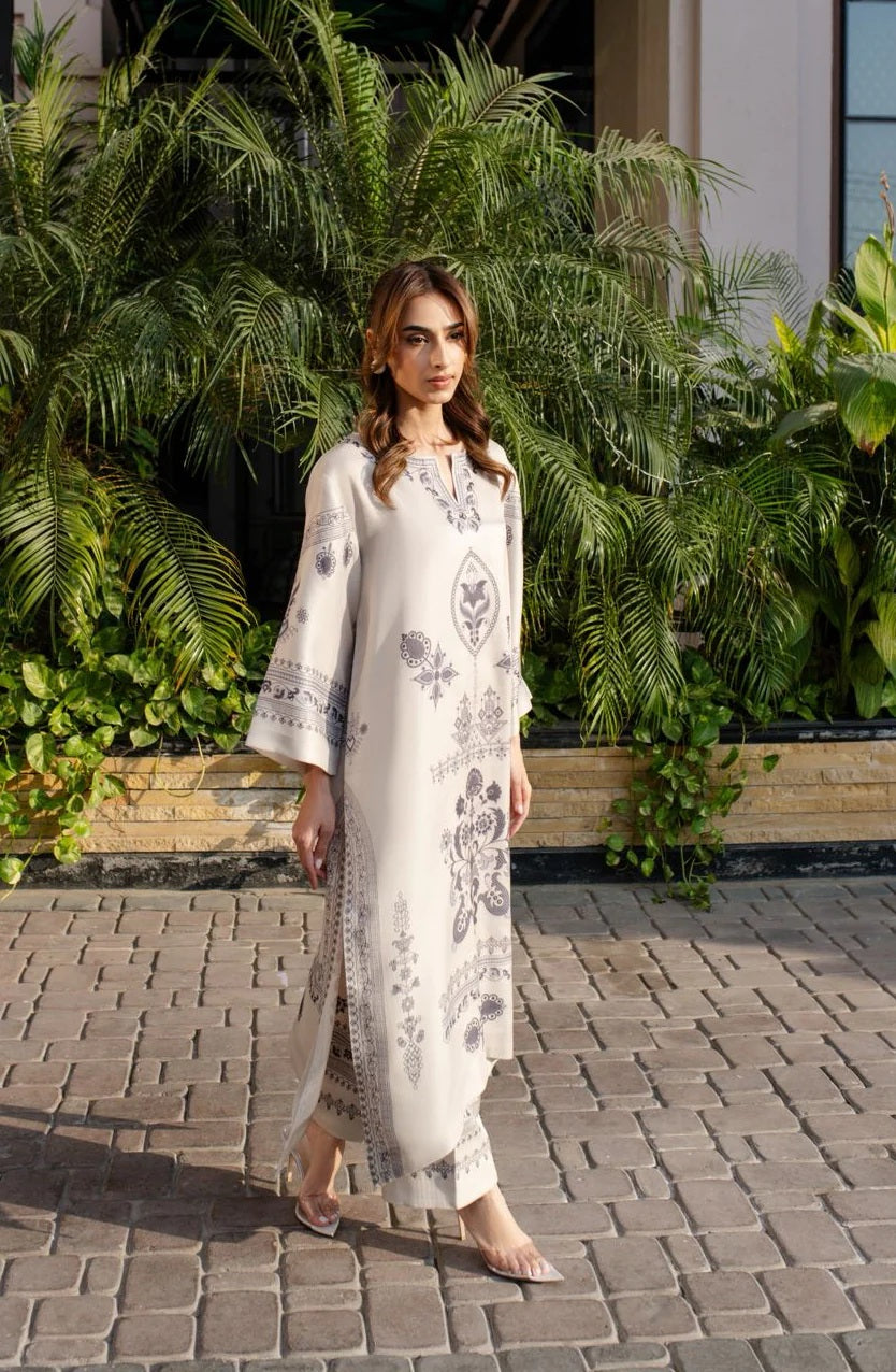 Women's Beige Cotton Satin Blend Floral Print Kaftan Set