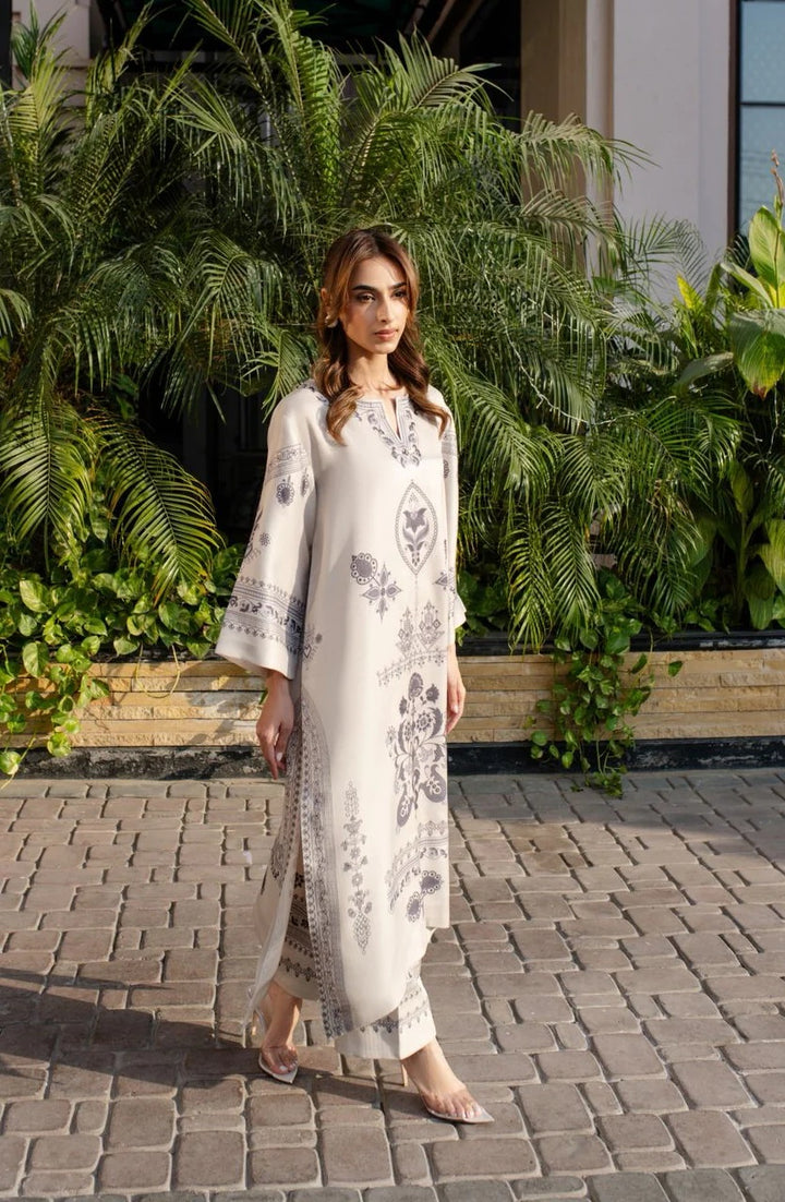 Women's Beige Cotton Satin Blend Floral Print Kaftan Set