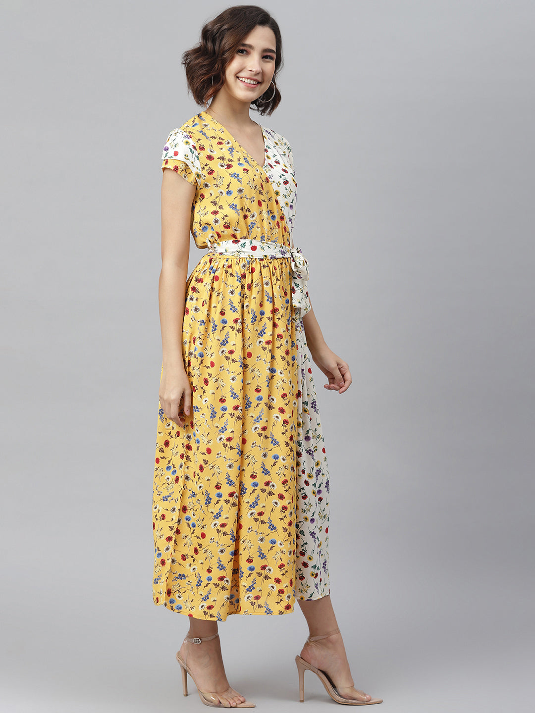 Women's Yellow & White Printed Wrap Dress with Contrast panel - StyleStone