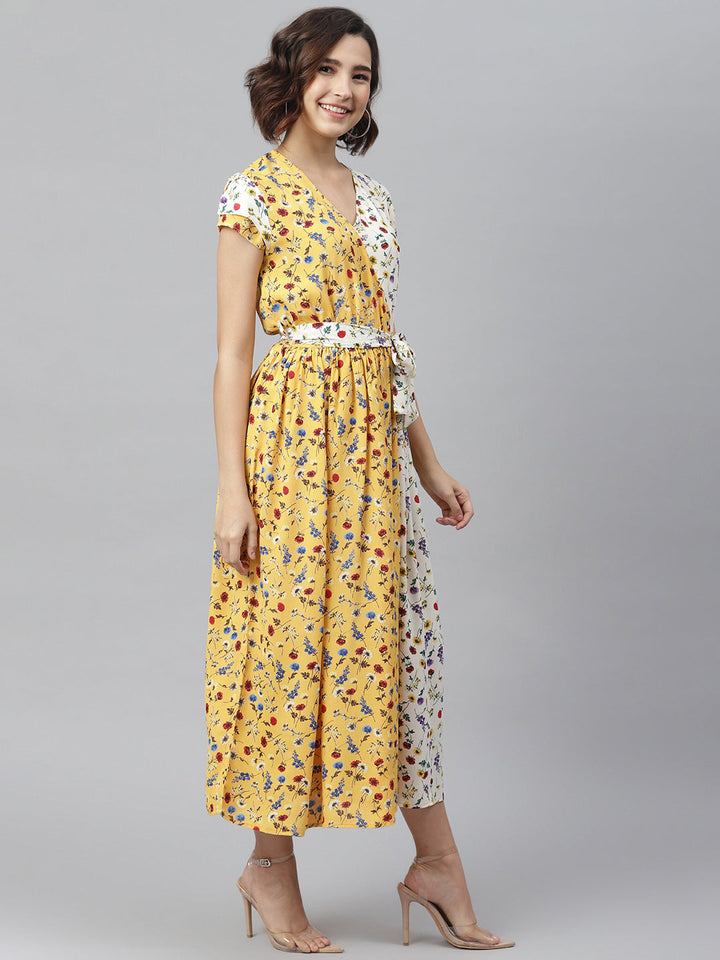Women's Yellow & White Printed Wrap Dress with Contrast panel - StyleStone