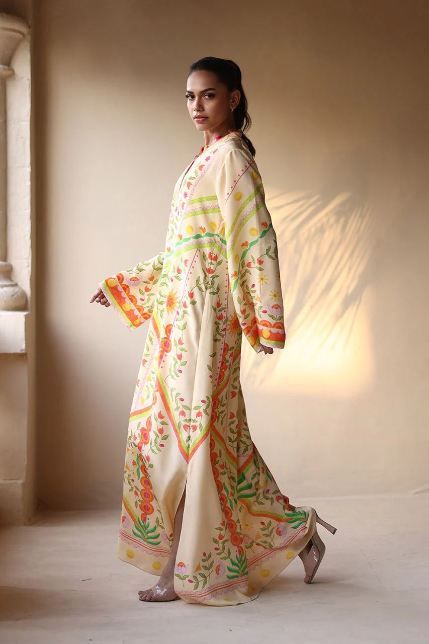 Women's Cream Soft Crepe - Resham Tassel Printed Kaftans