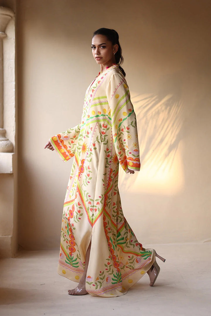 Women's Cream Soft Crepe - Resham Tassel Printed Kaftans