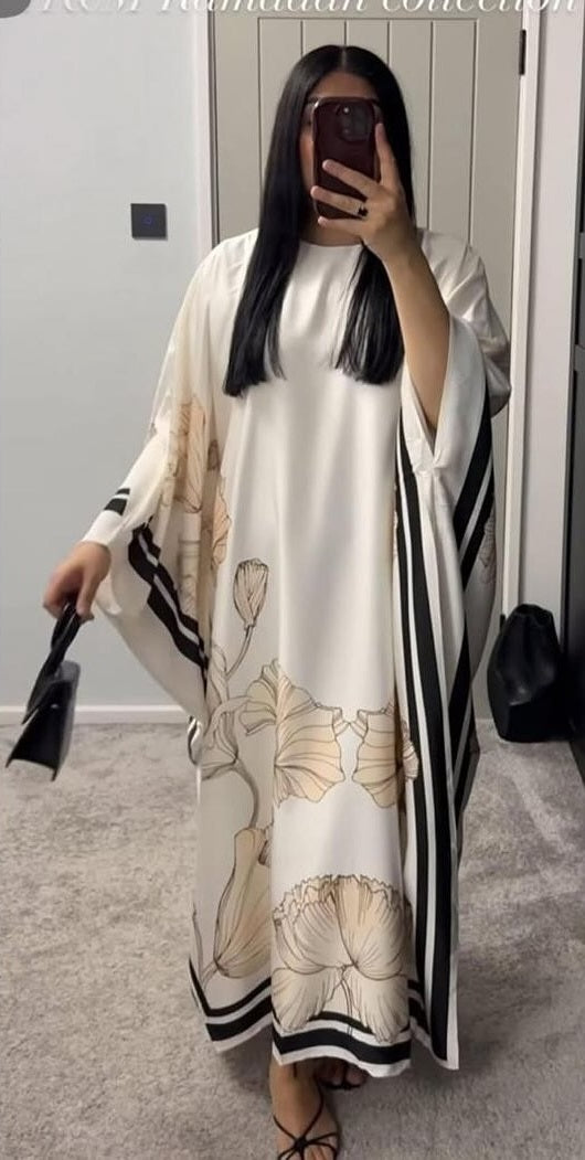 Women's White Heavy Cotton Blend Floral Print Kaftan