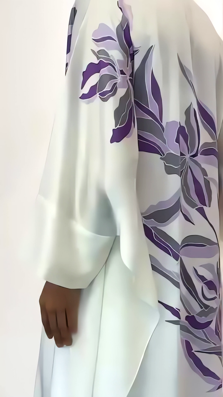 Women's White Satin Silk Floral Print Kaftan Set