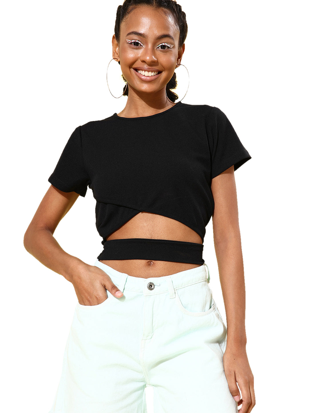 Women's Short Sleeve Belly Cut Out Crop Top- Black - StyleStone