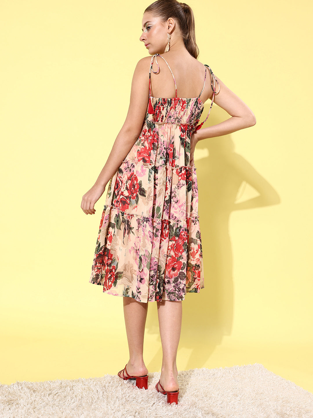 Women's Floral Tier Midi Dress with String Tie Ups- Multi - StyleStone
