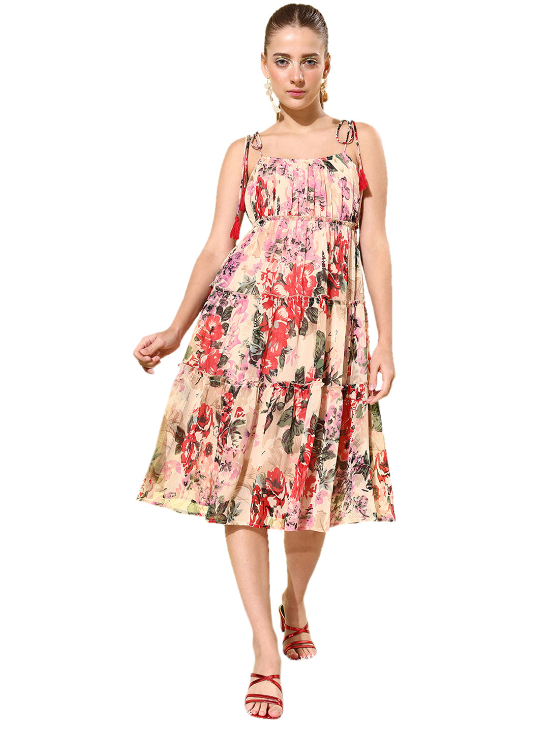 Women's Floral Tier Midi Dress with String Tie Ups- Multi - StyleStone