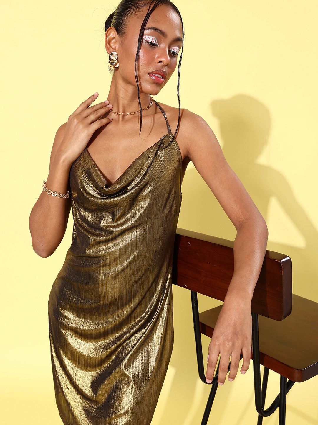 Women's Gold Cowl Neck Cocktail Short Dress - StyleStone Blackbeads Women's Gold Cowl Neck Cocktail Short Dress - StyleStone Blackbeads