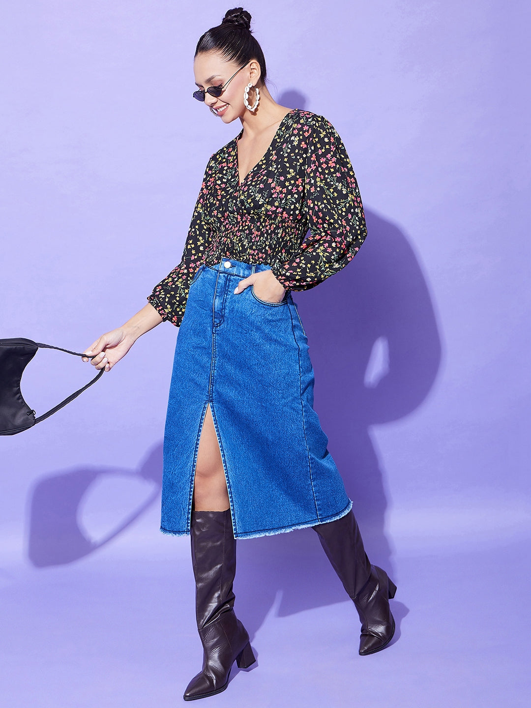 Women's Black Floral Top With Smocking Detail - StyleStone