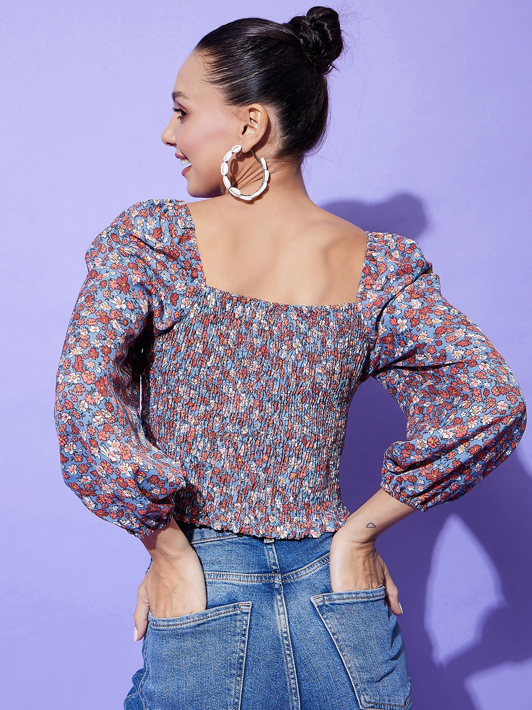 Women's Grey Floral Top With Smocking Detail - StyleStone