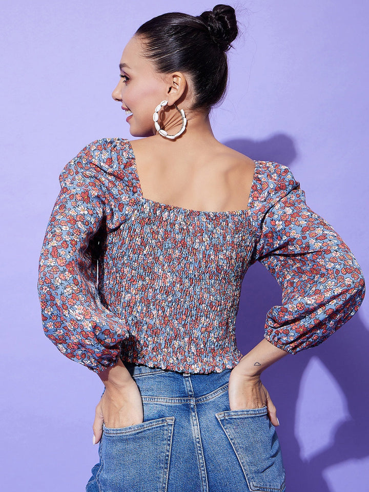 Women's Grey Floral Top With Smocking Detail - StyleStone