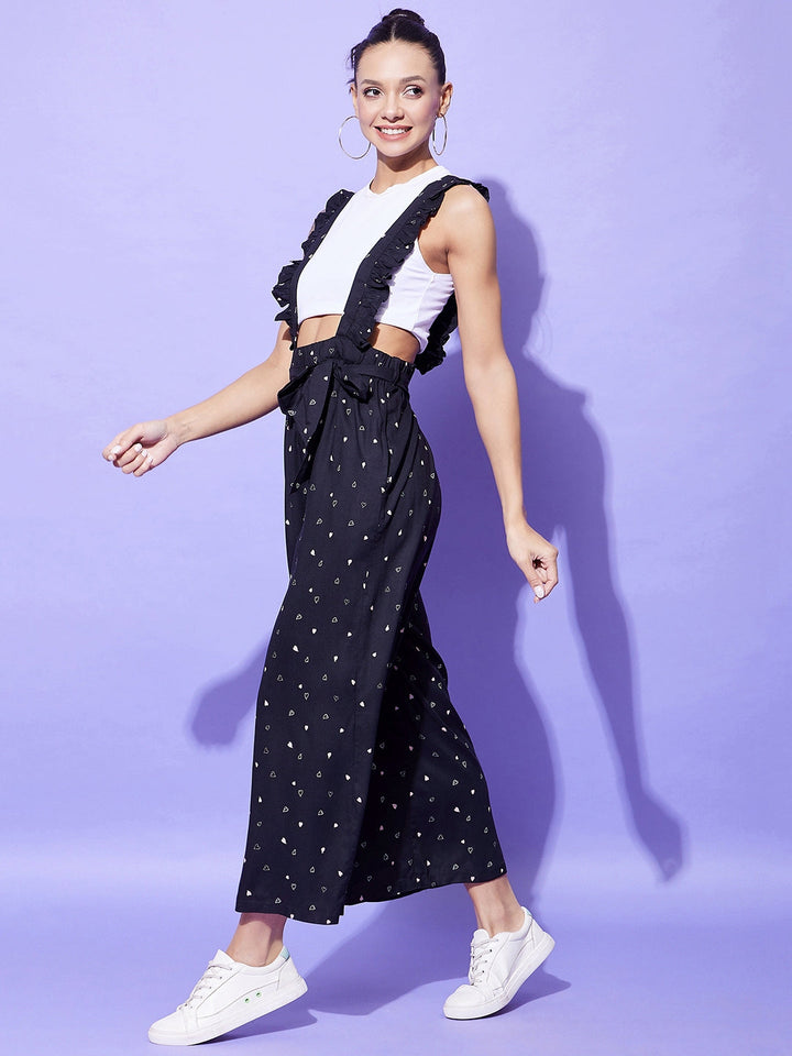 Women's Black Heart Print Pinafore Dungaree (T Shirt Not Included) - StyleStone