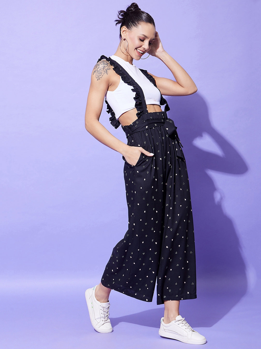 Women's Black Heart Print Pinafore Dungaree (T Shirt Not Included) - StyleStone