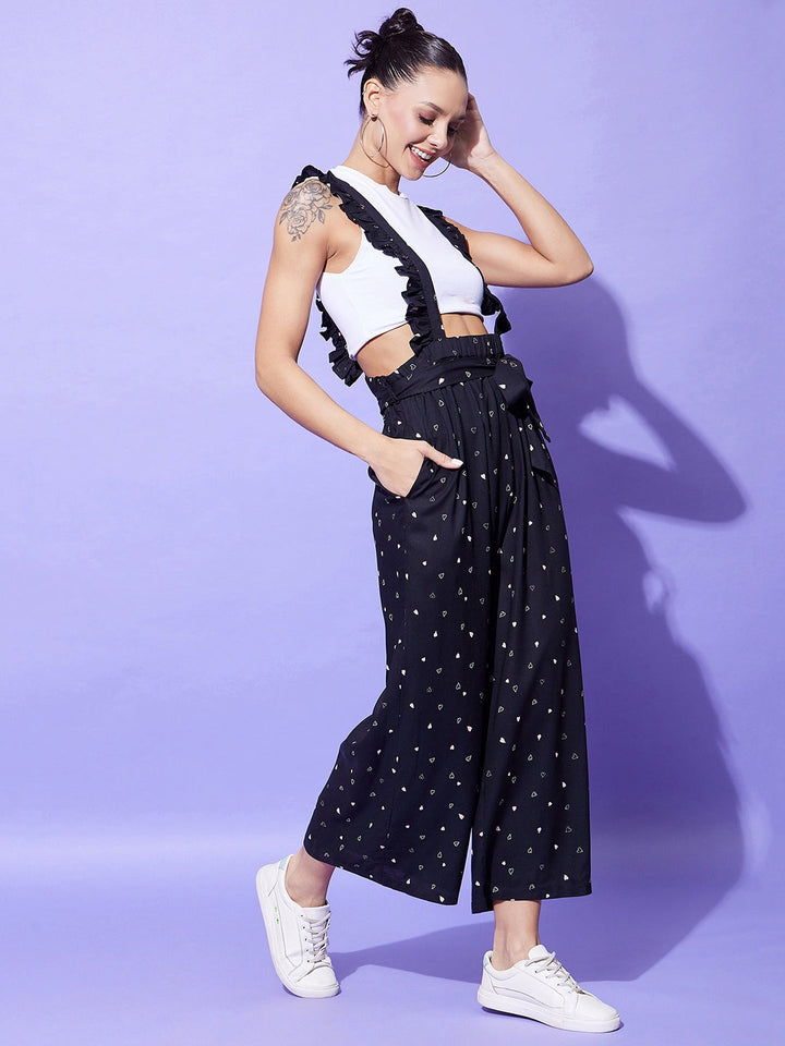 Women's Black Heart Print Pinafore Dungaree (T Shirt Not Included) - StyleStone