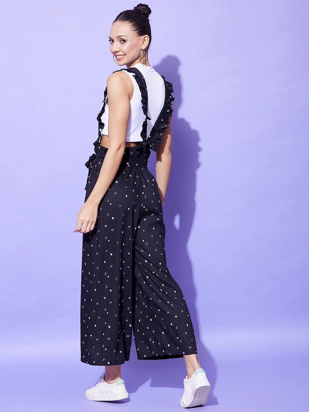 Women's Black Heart Print Pinafore Dungaree (T Shirt Not Included) - StyleStone