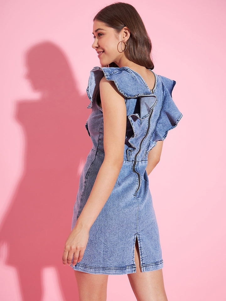 Women's Denim Lycra Ruffle Bodycon Dress - StyleStone