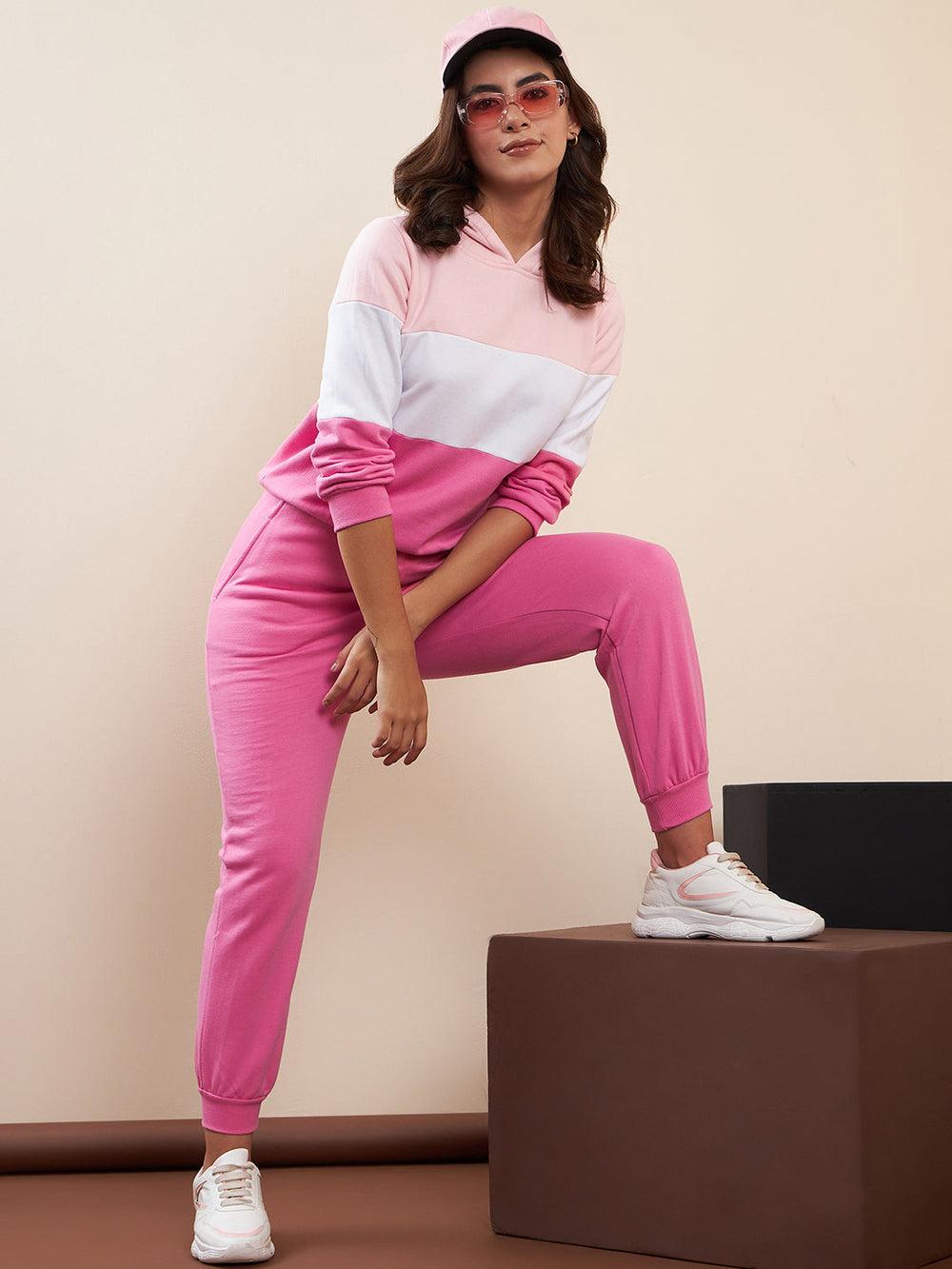 Women's Pink White Fleece Colour Blocked Track Suit Stylestone