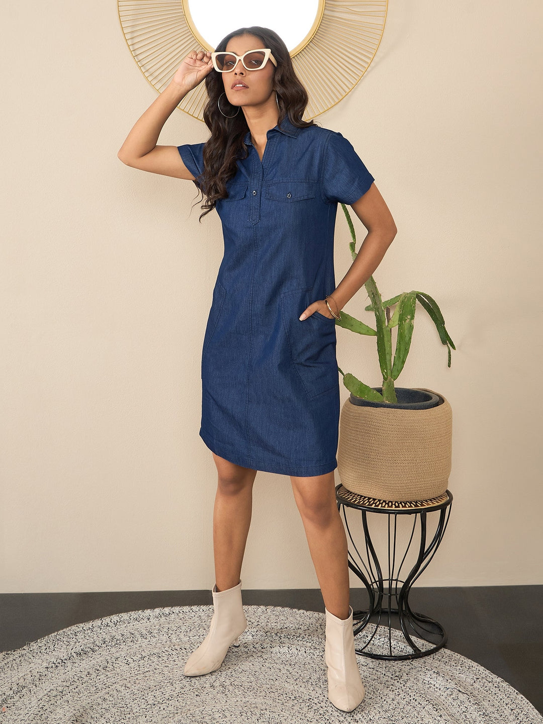 style stone denim dress Short stone denim dress with mandarin collar Raity