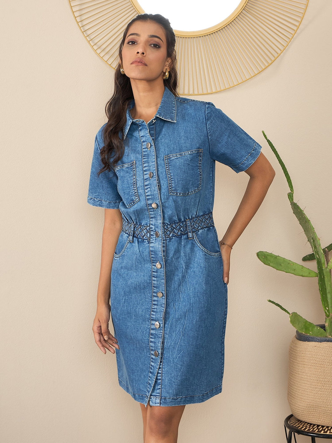 Women's Blue Denim Solid Dress