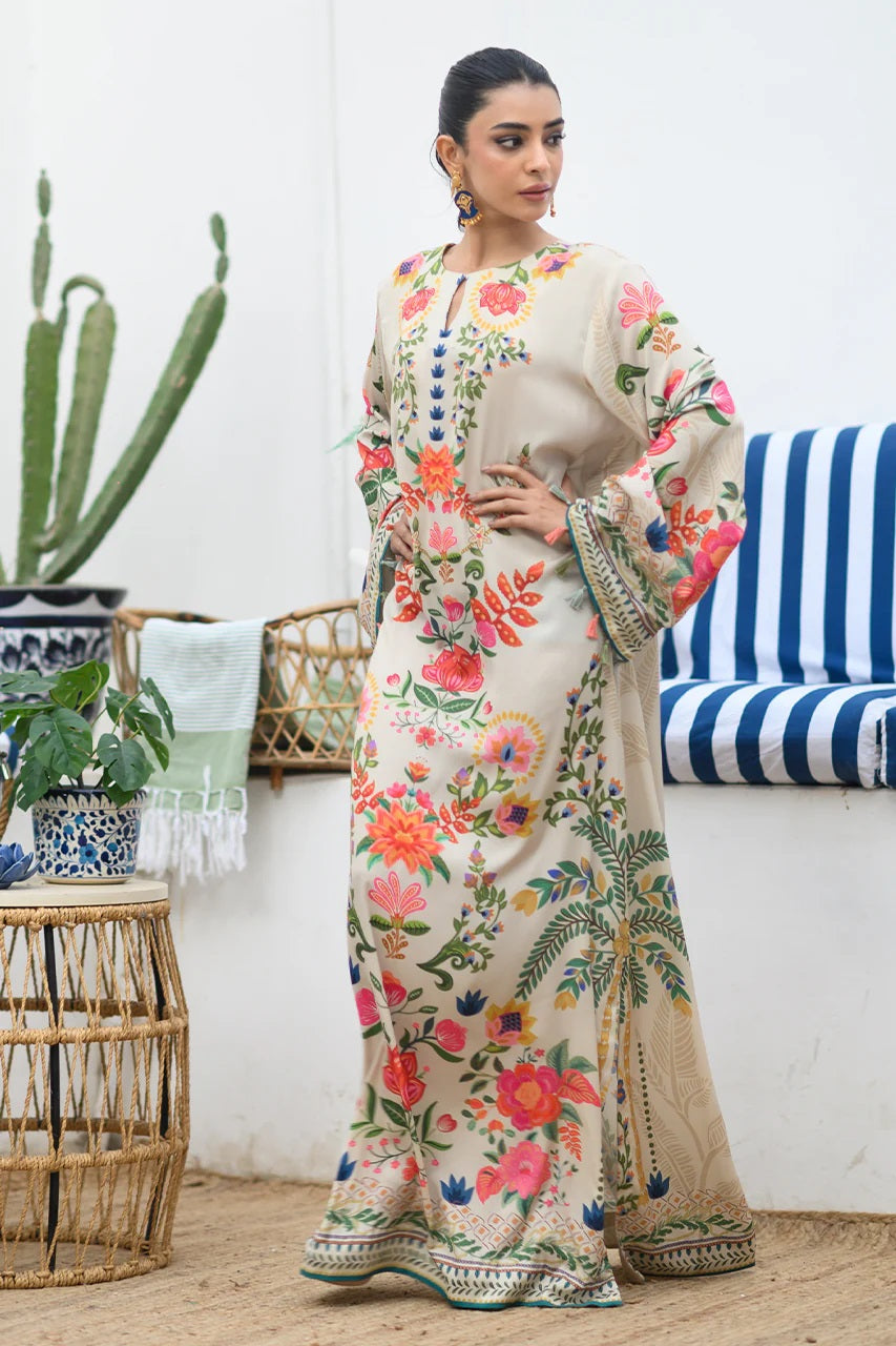 Women's Cream Premium Soft Crepe Floral Print Kaftan