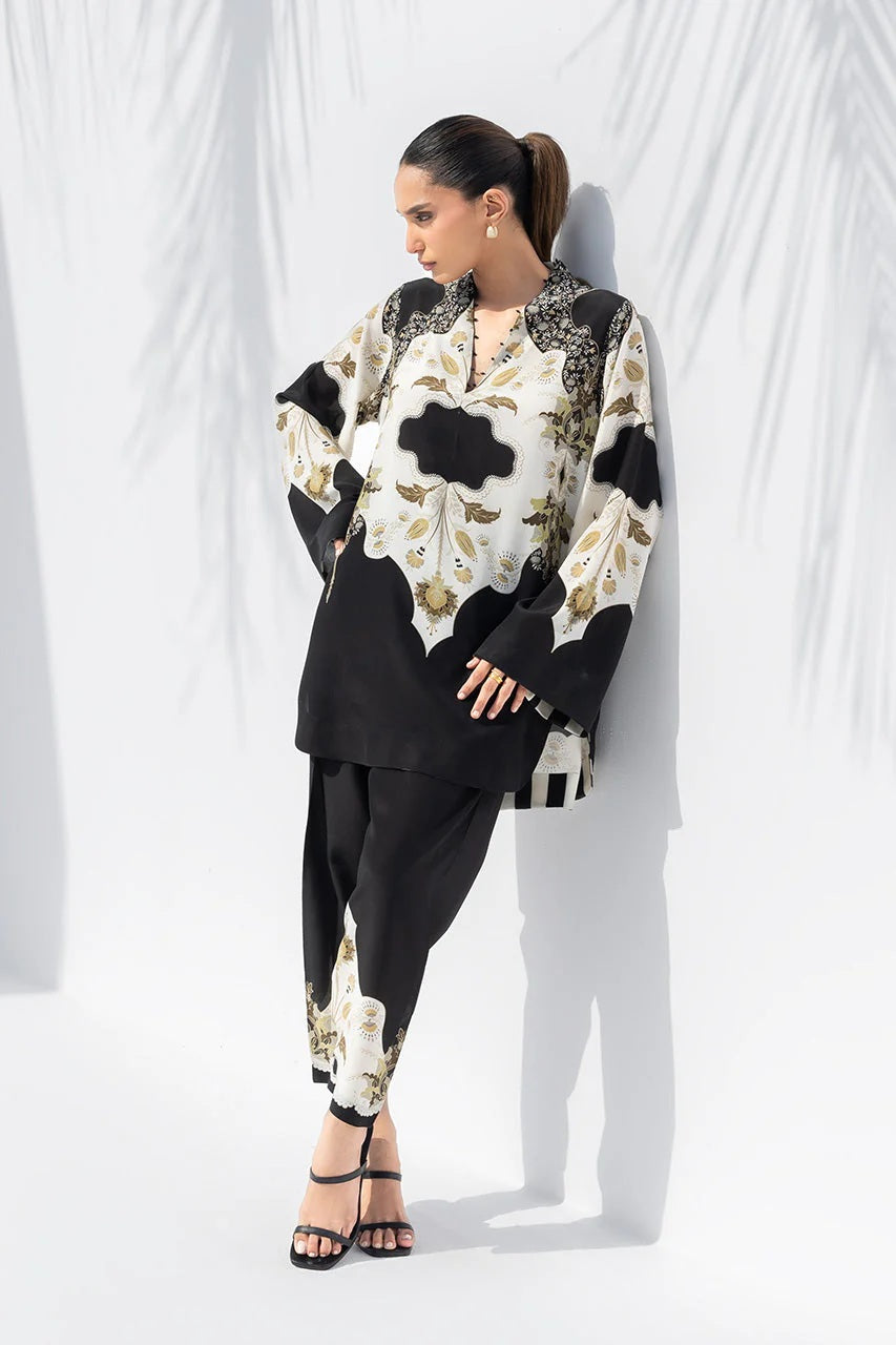 Women's Black Premium Soft Crepe Handwork Detailing On Neck Co-Ord Set