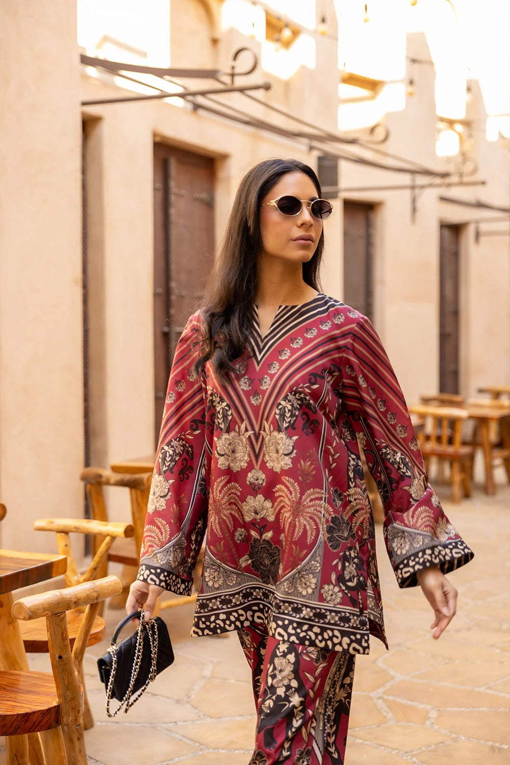 Women's Maroon Median Silk Crepe Printed Co-Ord Sets