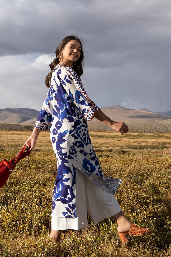 Women's White Premium Matty Floral Print Kaftan Set