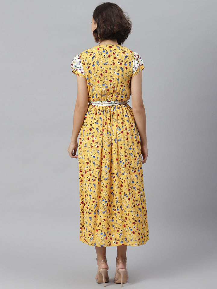 Women's Yellow & White Printed Wrap Dress with Contrast panel - StyleStone