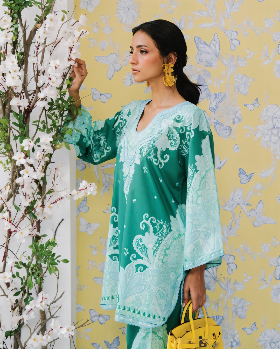 Women's Sea Green Crepe Lace Work Co-Ord Set