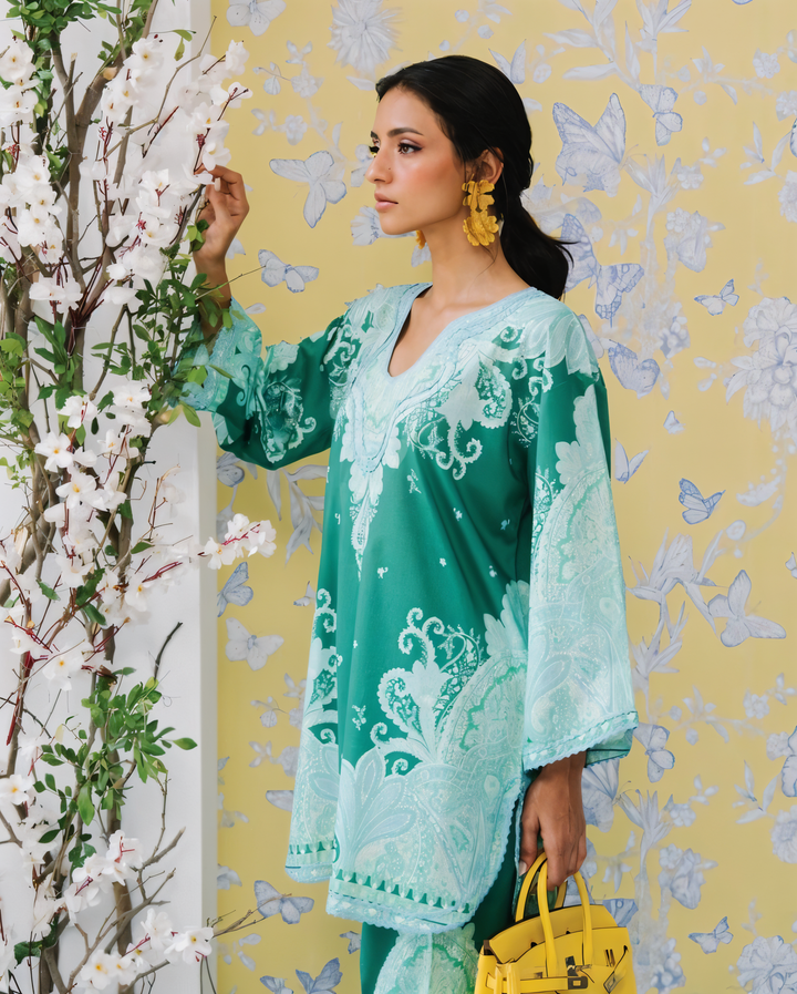 Women's Sea Green Crepe Lace Work Co-Ord Set