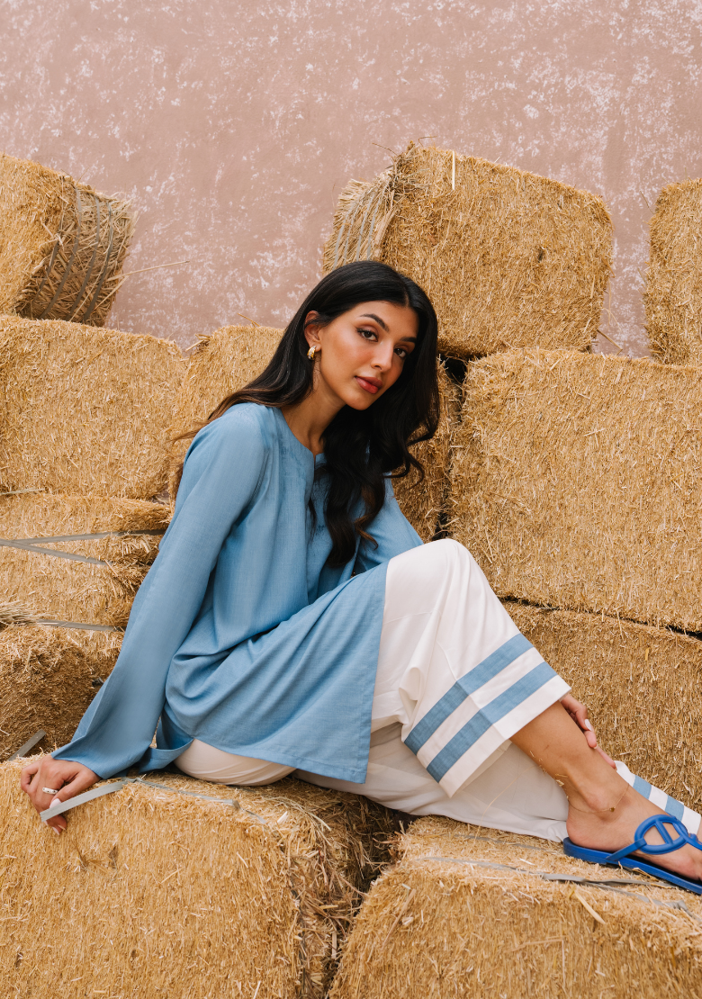 Women's Blue Silk Plain Tunic Set