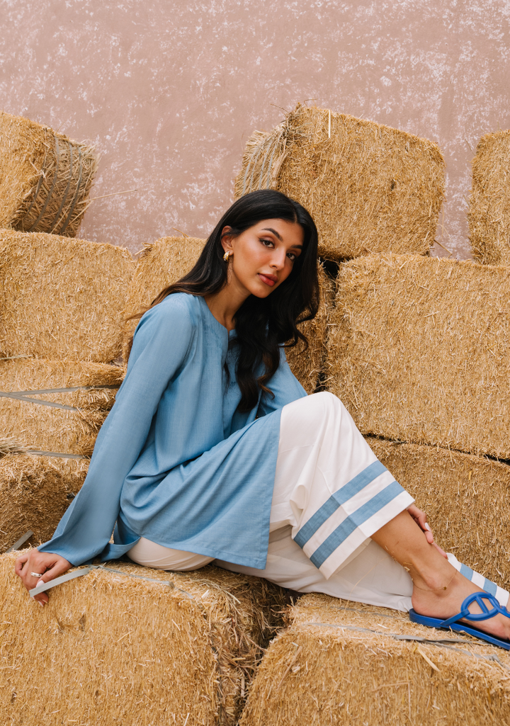 Women's Blue Silk Plain Tunic Set