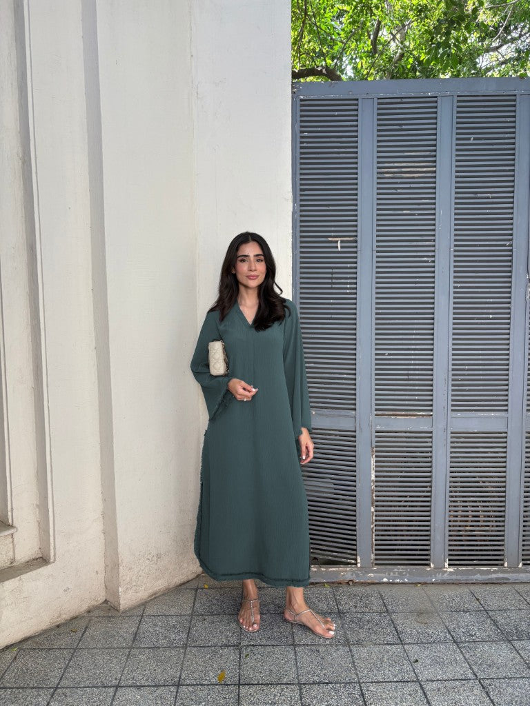 Women's Teal Wrinkle Free Premium Crush Crepe Fringe Detailing Co-Ord Set