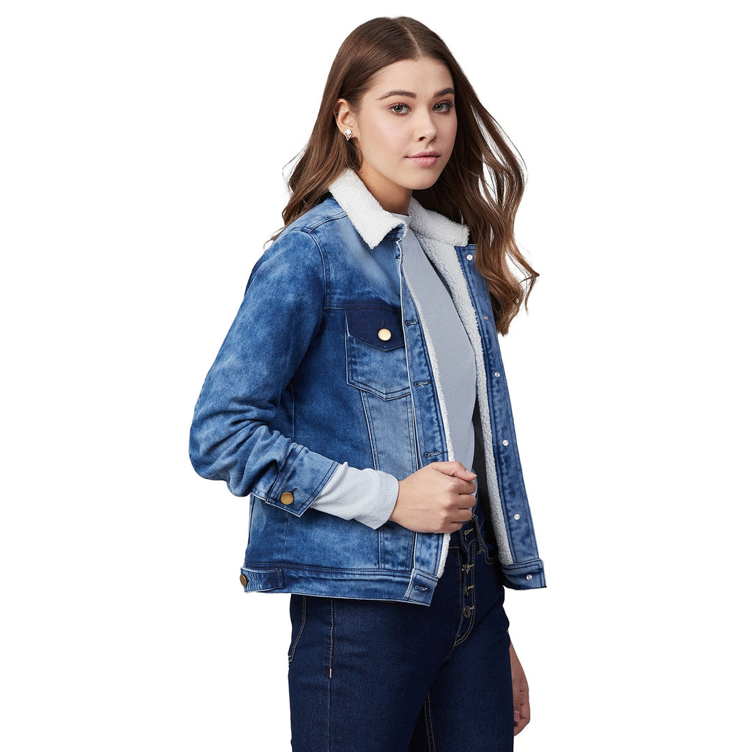 Women's Denim Jacket with Soft Warm Faux Fur Lining inside & Washed Pocket effect - StyleStone