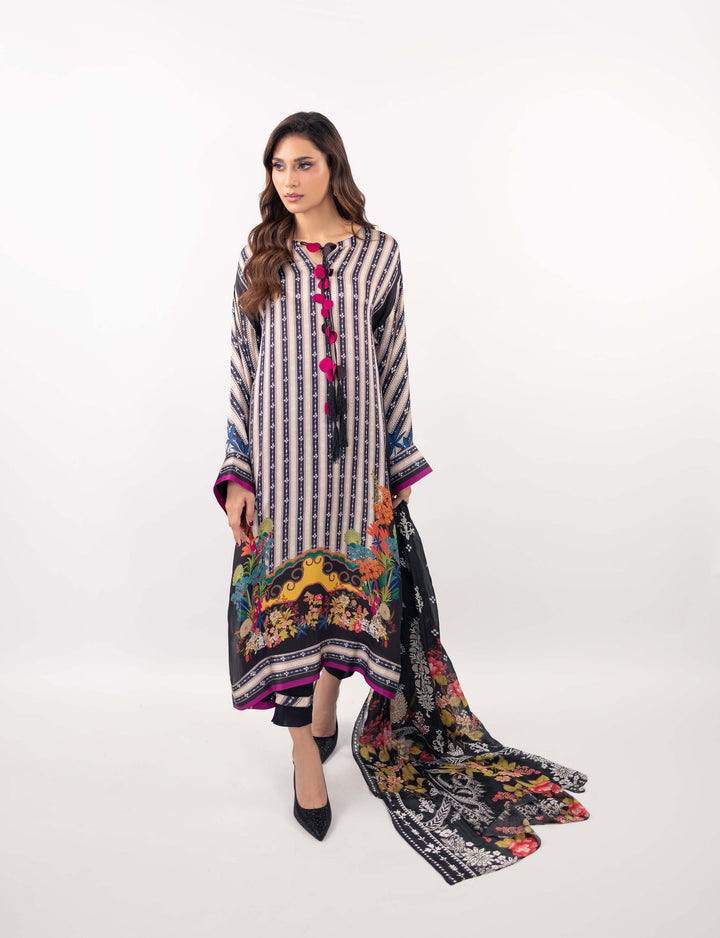 Women's White Monochrome Striped Kurti with Vibrant Floral Hem and Tassel Detail