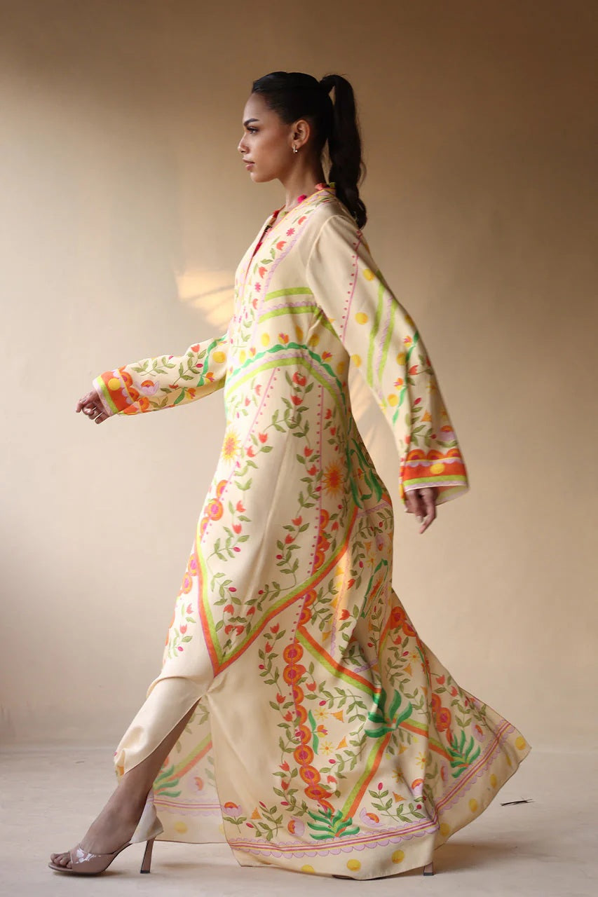 Women's Cream Soft Crepe - Resham Tassel Printed Kaftans