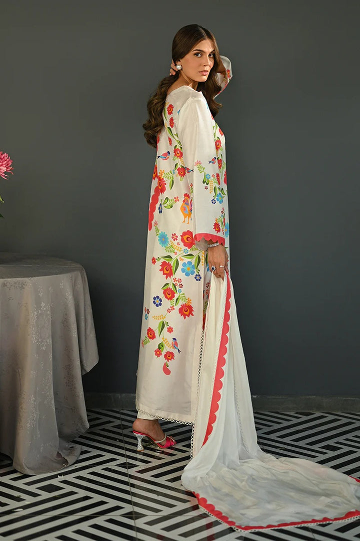 Women's White Cotton Satin Blend Floral Print Kaftan Set