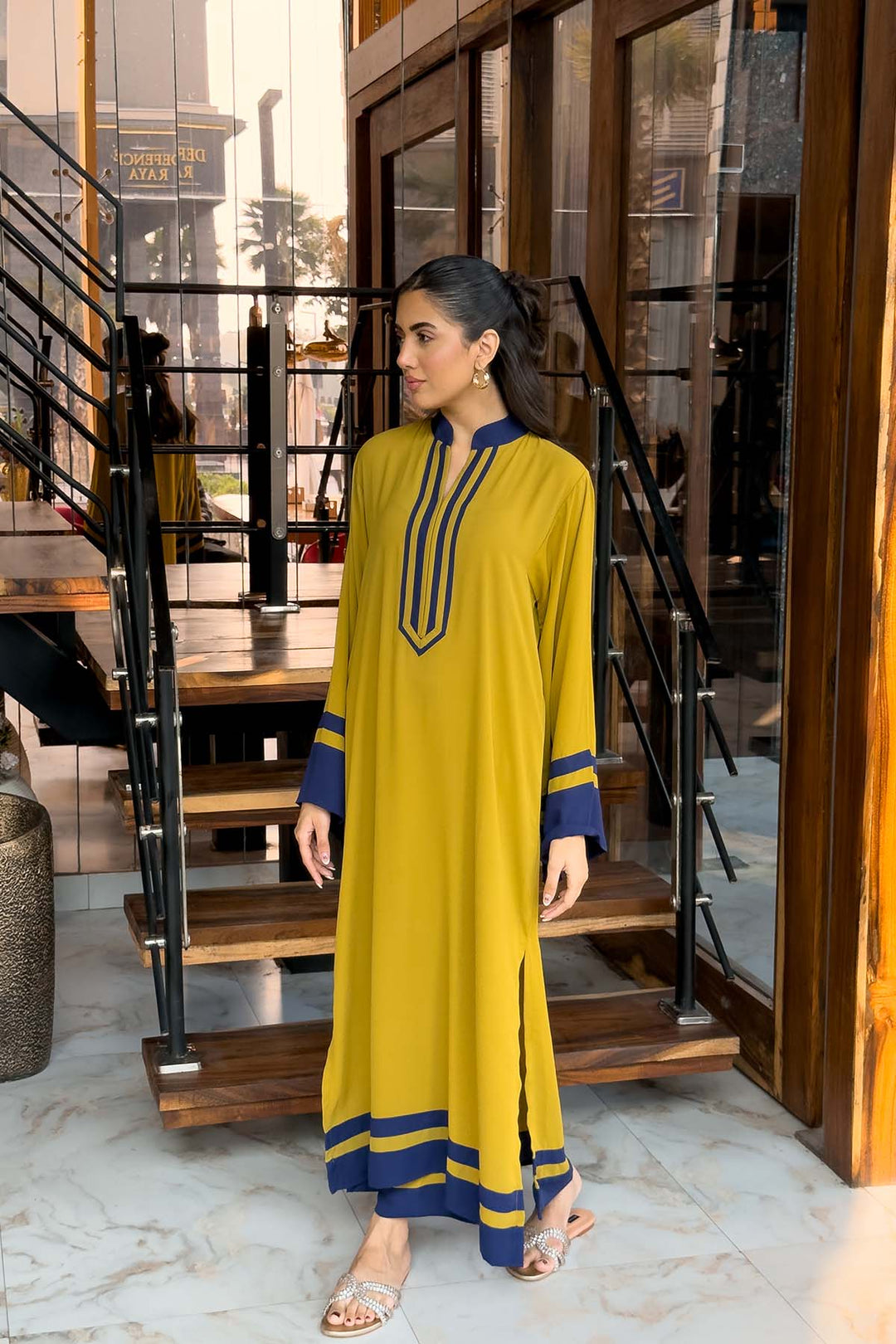 Women's Mustard Berry Crepe Plain Kaftan Set