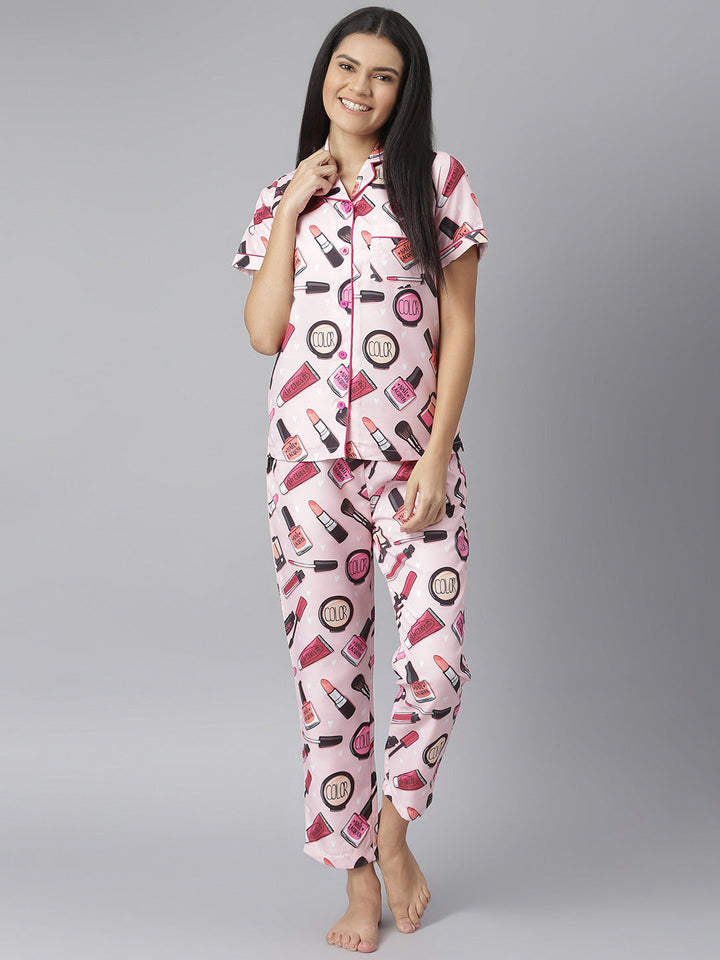 Women's Pink Owl Digital Print Night Suit Set - Stylestone