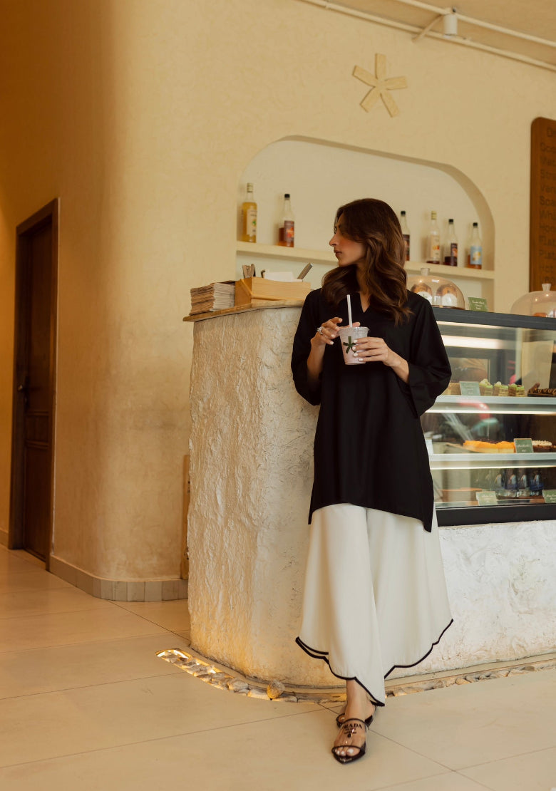 Women's Black & White 100% Natural Viscose Cotton Scallop Detailing Pant Kurta Set