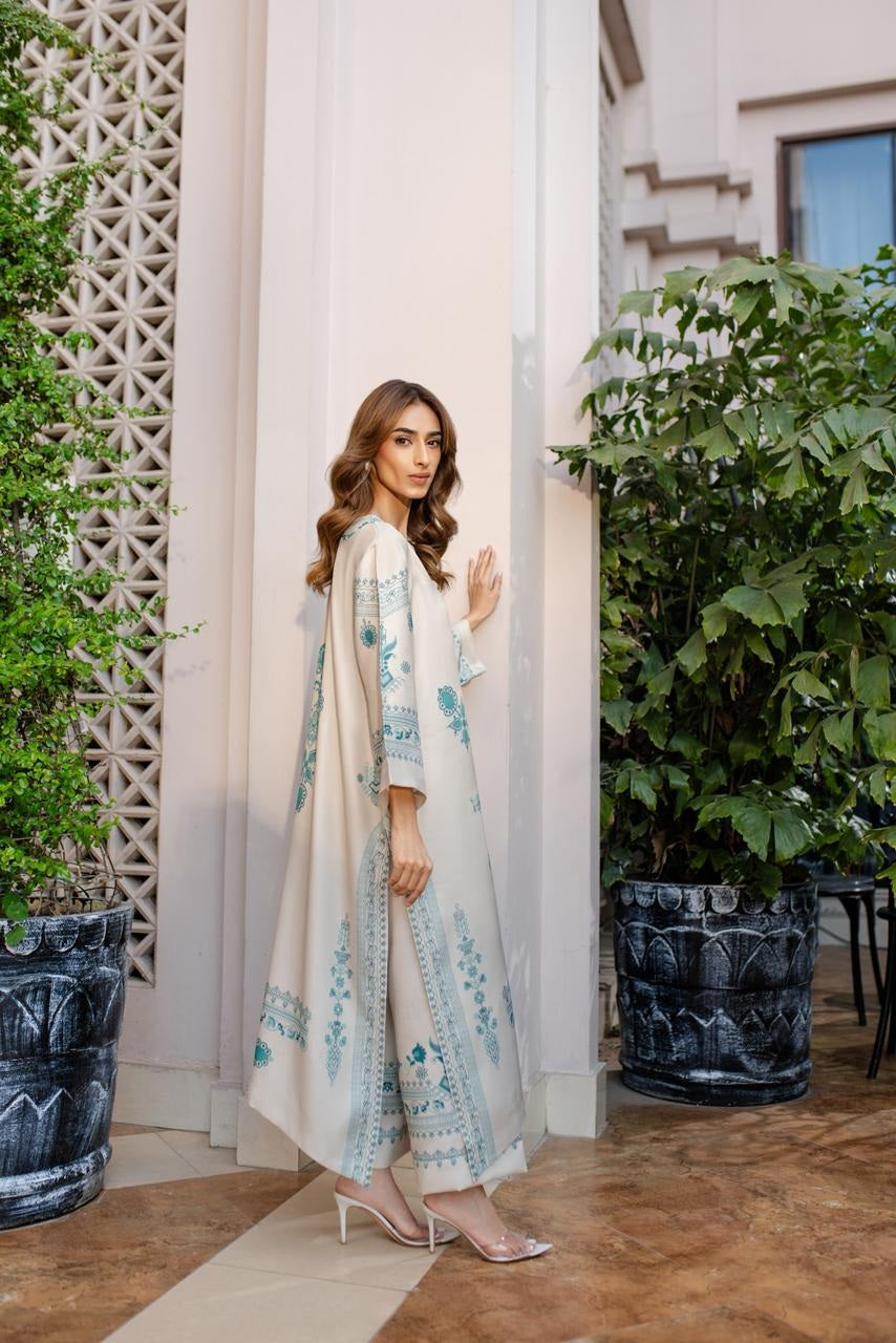 Women's Cream Cotton Satin Blend Floral Print Kaftan Set