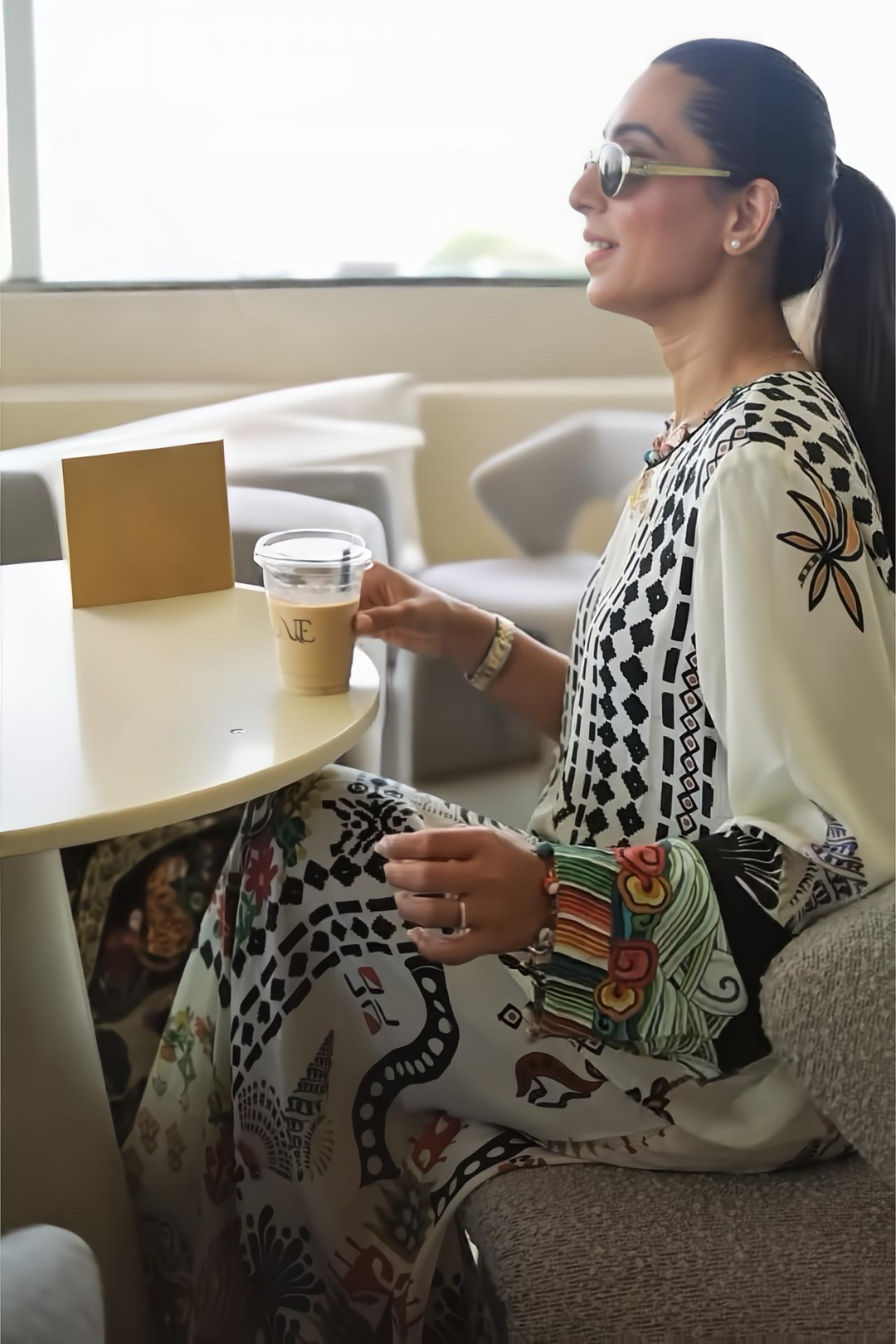 Women's White Crepe Floral Print Kaftan