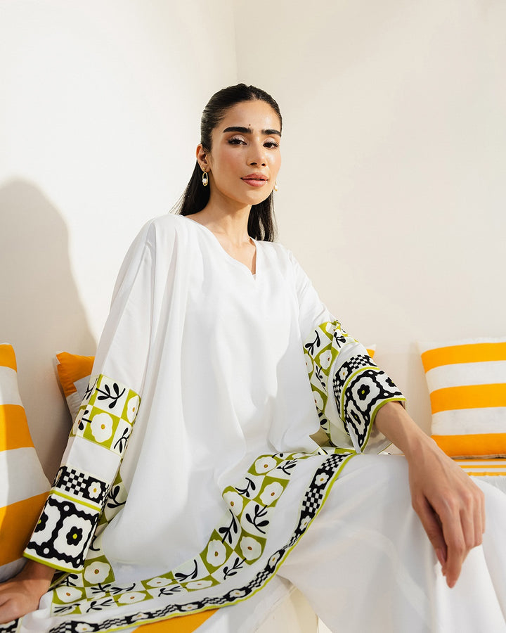 Women's white Premium Matty Printed Kaftan Set